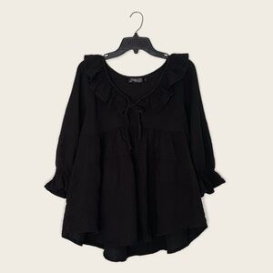 Zesica Black Ruffle Tie Front Peplum Top